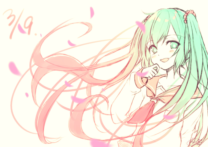 1girl :d bangs blush brown_background brown_hair brown_sailor_collar chita_(ketchup) commentary dated eyebrows_visible_through_hair floating_hair gradient_hair green_eyes green_hair hair_between_eyes hand_up hatsune_miku long_sleeves multicolored_hair open_mouth petals sailor_collar shirt signature simple_background sketch smile solo upper_body vocaloid white_shirt