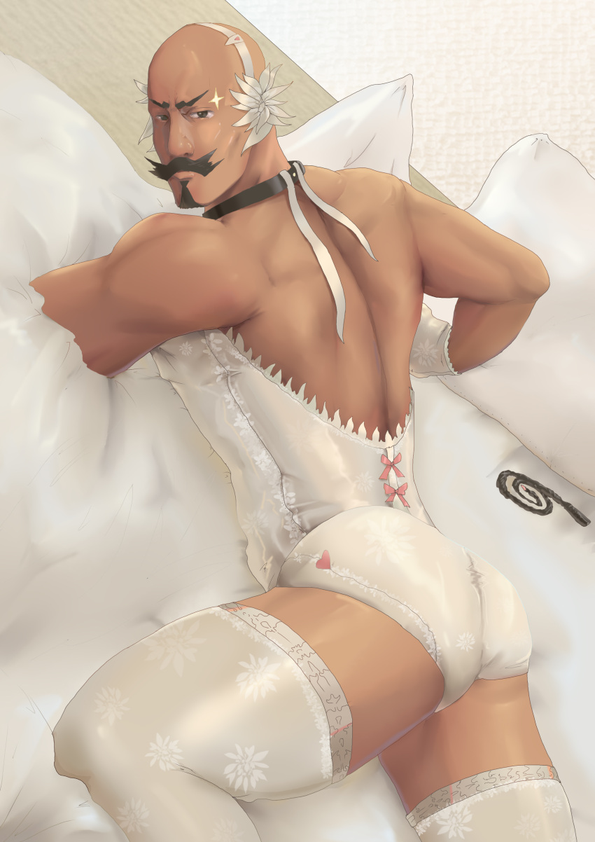 1boy absurdres ass back backless_outfit bald bed character_request crossdressinging facial_hair gloves highres iron_saga leotard looking_at_viewer looking_back lying male_focus manly muscle mustache on_stomach pillow solo thigh-highs train_pigeon whip white_gloves white_legwear white_leotard