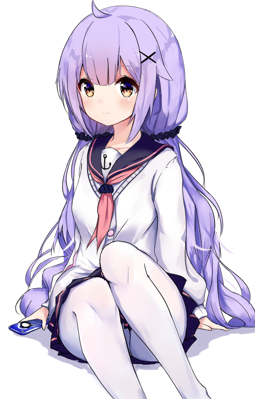 1girl ahoge ascot azur_lane bangs blush cardigan cellphone collarbone commentary eyebrows_visible_through_hair hair_ornament hair_scrunchie highres holding holding_phone long_hair looking_at_viewer low_twintails pantyhose phone pleated_skirt purple_hair sailor_collar scrunchie sidelocks simple_background sitting skirt smartphone solo sutorea twintails unicorn_(amusement_park_date)_(azur_lane) unicorn_(azur_lane) very_long_hair white_background white_legwear x_hair_ornament yellow_eyes