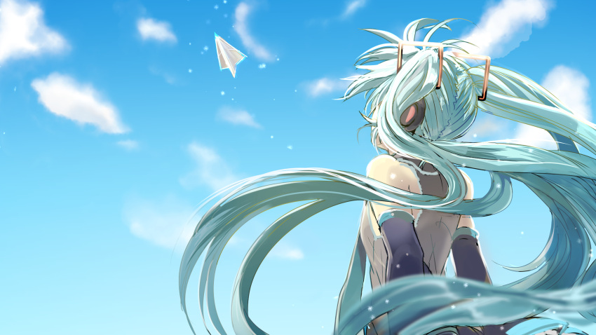 1girl bare_shoulders blue_hair blue_neckwear blue_sky clouds cloudy_sky commentary_request day detached_sleeves facing_away floating_hair flying graphite_(medium) grey_shirt hatsune_miku headset highres long_hair looking_up mitsu_rou necktie outdoors paper_airplane shirt sky sleeveless sleeveless_shirt solo standing traditional_media twintails upper_body very_long_hair vocaloid
