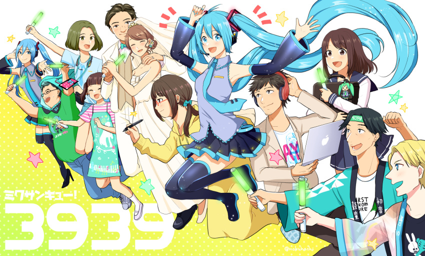 /\/\/\ 39 5boys 6+girls aqua_eyes aqua_hair arms_up bare_shoulders blonde_hair brown_hair character_doll commentary computer cosplay detached_sleeves dress formal full_body green_hair hair_ornament hatsune_miku hatsune_miku_(cosplay) headphones headset highres laptop legs_up long_hair looking_at_viewer macbook multiple_boys multiple_girls necktie nokuhashi pen penlight school_uniform shirt skirt sleeveless sleeveless_shirt spring_onion star suit suitcase t-shirt thigh-highs twintails very_long_hair vocaloid wedding_dress