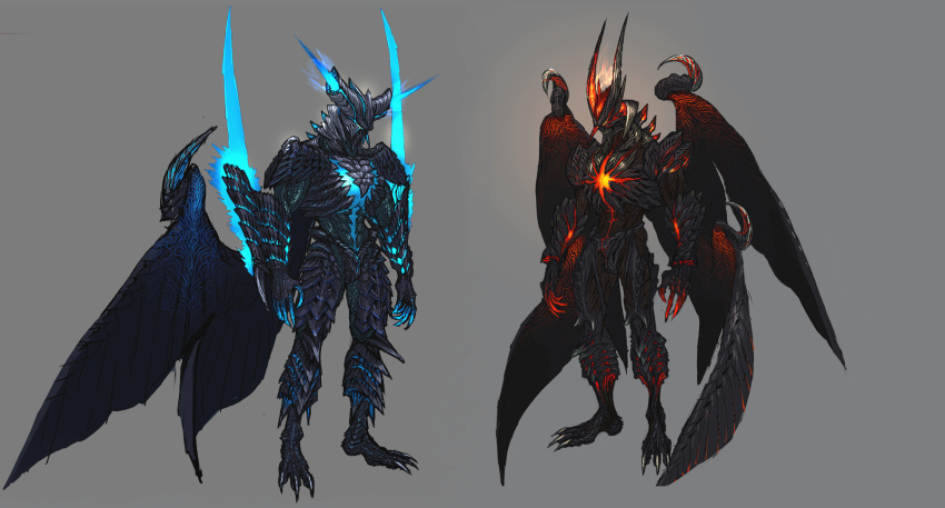 bat_wings black_wings claws dante_(devil_may_cry) demon demon_horns demon_wings devil_may_cry devil_may_cry_5 devil_trigger glowing glowing_eyes grey_background highres horns large_wings multiple_wings official_art sharp_teeth standing teeth vergil wings yoshikawa_tatsuya