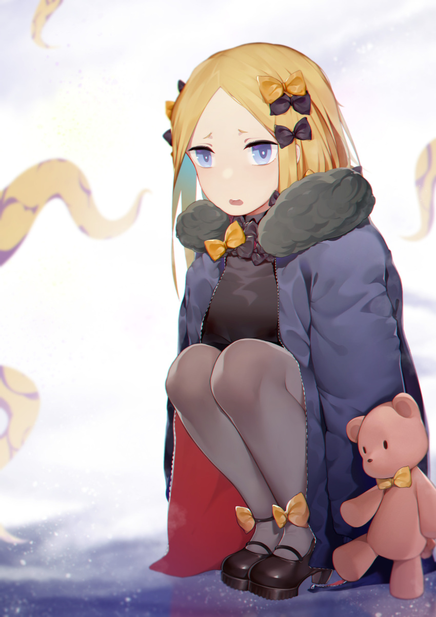 1girl abigail_williams_(fate/grand_order) absurdres alternate_costume bangs black_bow black_footwear black_shirt blue_eyes blue_jacket blurry blurry_background blush bow commentary_request depth_of_field fate/grand_order fate_(series) forehead fur-trimmed_jacket fur_trim grey_legwear hair_bow highres jacket long_hair long_sleeves looking_at_viewer mary_janes open_clothes open_jacket orange_bow pantyhose parted_bangs reflection round_teeth shirt shoes sleeves_past_fingers sleeves_past_wrists solo squatting stuffed_animal stuffed_toy teddy_bear teeth tentacle toki_(1243309499) upper_teeth