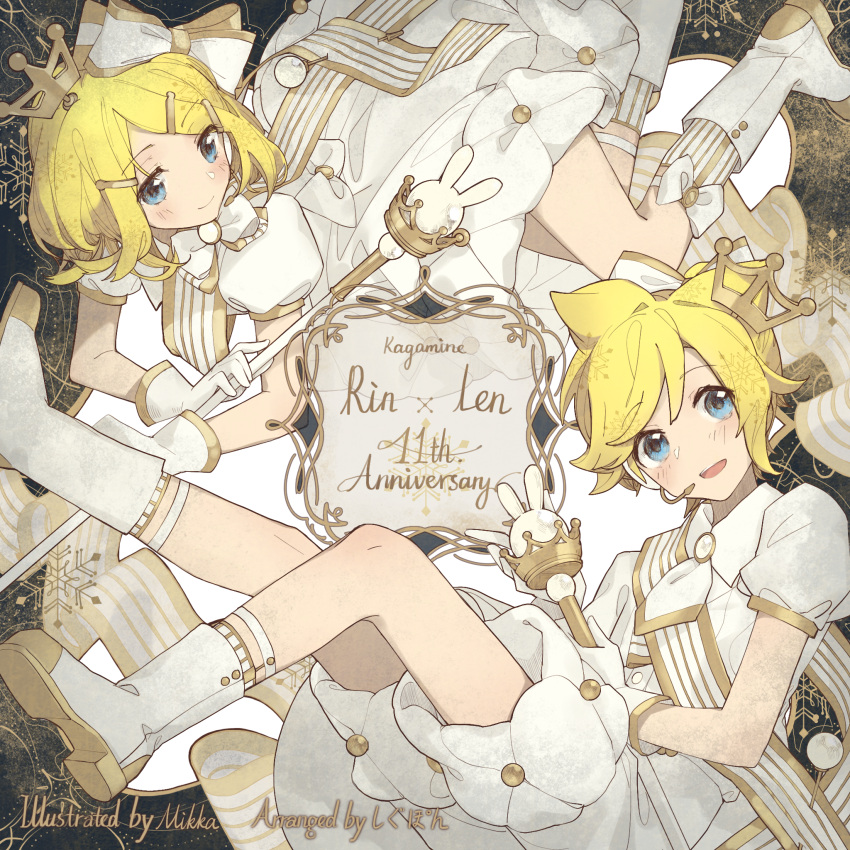 1boy 1girl animal_ears anniversary blonde_hair blue_eyes blush boots bow character_name commentary_request crown_hair_ornament from_above gloves gold_trim hair_bow hair_ornament hairclip highres kagamine_len kagamine_rin looking_at_viewer mikka620 puffy_short_sleeves puffy_sleeves rabbit_ears ribbon rotational_symmetry scepter short_hair short_sleeves smile snowflakes vocaloid white_gloves