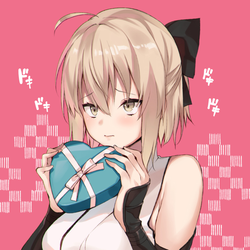 1girl bare_shoulders blonde_hair blush bracer breasts fate_(series) hair_between_eyes hair_ribbon heart highres iriehana koha-ace okita_souji_(fate) okita_souji_(fate)_(all) ribbon sleeveless solo yellow_eyes