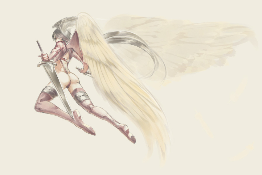 1girl angel_wings ass boots closed_mouth commentary_request final_fantasy final_fantasy_tactics gloves head_wings highleg leotard long_hair momigara_(mmgrkmnk) muscle red_legwear silver_hair simple_background solo sword thigh-highs thigh_boots ultima_(fft) weapon wings