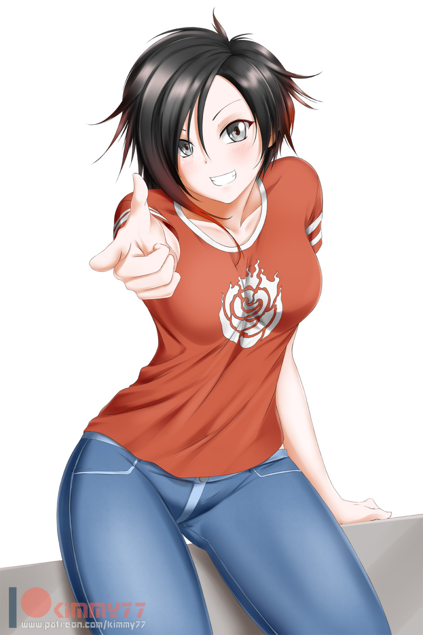 1girl alfred_cullado arm_support artist_name black_hair blush breasts denim grey_eyes hair_over_one_eye highres jeans medium_breasts multicolored_hair pants patreon_logo pointing pointing_at_viewer redhead ruby_rose rwby short_hair smile solo watermark web_address white_background