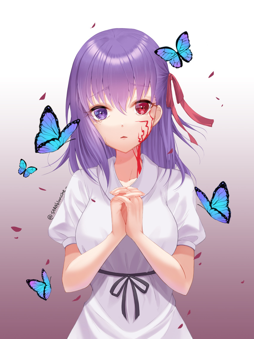 1girl absurdres bangs black_ribbon blush breasts bug butterfly closed_mouth collarbone commentary commentary_request eyebrows_visible_through_hair fate/stay_night fate_(series) hair_between_eyes hair_ribbon hands_together heaven's_feel heterochromia highres insect long_hair looking_at_viewer matou_sakura multicolored multicolored_eyes multiple_others purple_hair red_eyes red_ribbon ribbon sarablanche scar short_sleeves simple_background solo standing tearing_up tears violet_eyes