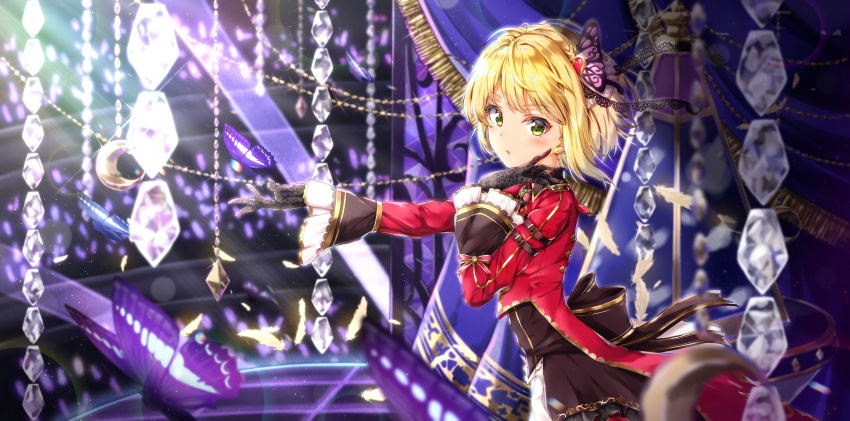 1girl absurdres animal back_bow bangs black_gloves blonde_hair blurry blurry_background blurry_foreground blush bow brown_bow brown_shirt brown_skirt bug butterfly butterfly_hair_ornament commentary_request crescent curtains depth_of_field eyebrows_visible_through_hair gloves green_eyes hair_ornament hand_up highres idolmaster idolmaster_cinderella_girls insect jacket kuria_(clear_trip_second) lace lace_gloves long_sleeves looking_at_viewer looking_to_the_side miyamoto_frederica outstretched_arm parted_lips red_jacket shirt skirt sleeves_past_wrists solo wide_sleeves