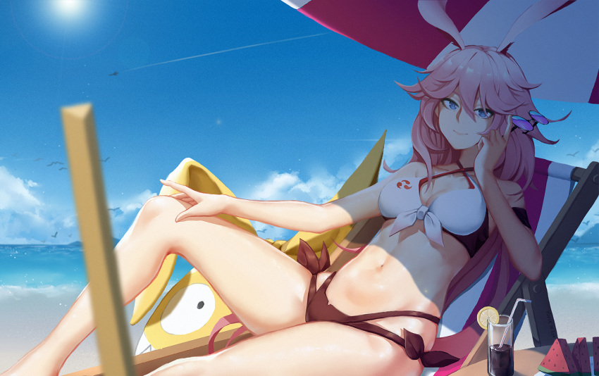 1girl animal_ears bangs bare_legs bare_shoulders beach beach_chair beach_umbrella bikini blue_eyes blue_sky blurry_foreground breasts clouds day eyebrows_visible_through_hair eyewear_removed fox_ears hair_between_eyes hair_flaps hand_on_own_knee holding holding_eyewear homu_(honkai_impact) honkai_(series) honkai_impact_3 knee_up large_breasts long_hair looking_at_viewer messy_hair multi-strapped_bikini navel outdoors pineapple_slice pink_hair reclining sand sidelocks skindentation sky smile solo stomach sunglasses swimsuit thighs tinted_eyewear umbrella very_long_hair yae_sakura yurix