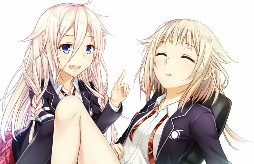 2girls :d black_jacket blazer blonde_hair blue_eyes blush braid cevio checkered checkered_skirt closed_eyes coffee_tart commentary_request ia_(vocaloid) index_finger_raised jacket knee_up long_hair multicolored_hair multiple_girls one_(cevio) open_blazer open_clothes open_jacket open_mouth orange_hair red_skirt shirt short_hair_with_long_locks simple_background sitting skirt smile upper_teeth vocaloid white_shirt