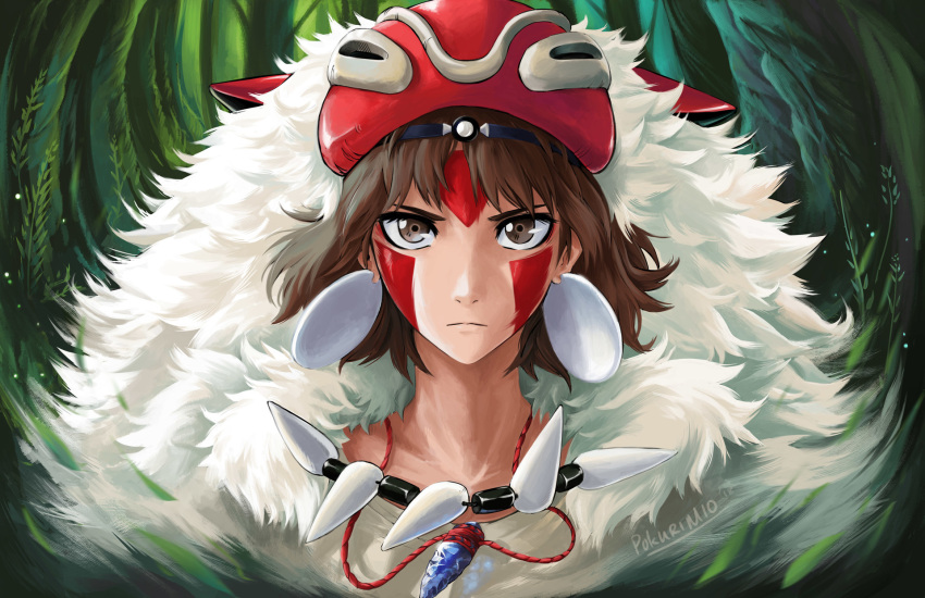 1girl brown_eyes brown_hair commentary earrings english_commentary facepaint flintstone forest fur_collar highres jewelry looking_at_viewer mask mask_on_head mononoke_hime nature pendant pokurimio portrait revision san serious short_hair signature solo tooth_necklace