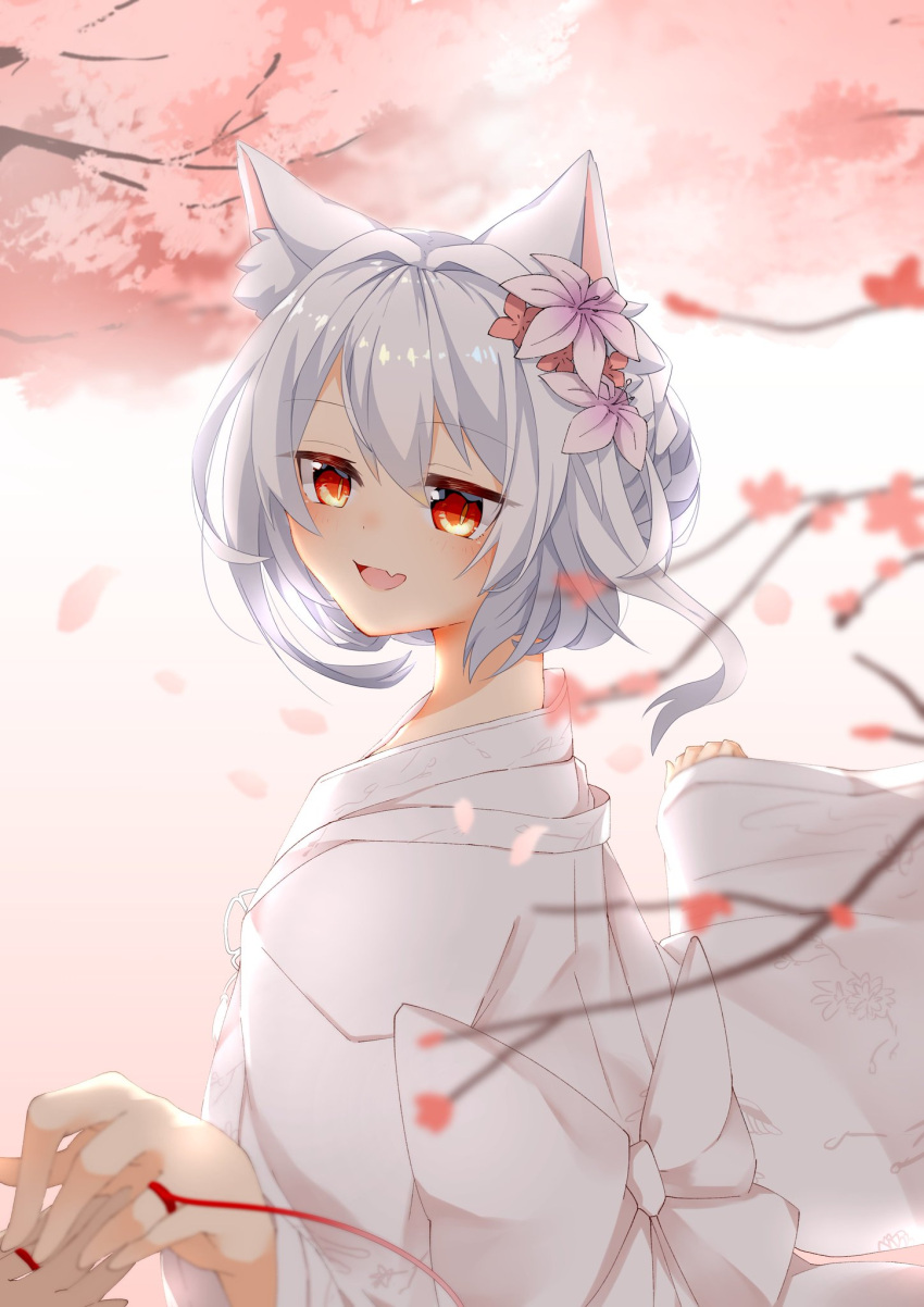 1girl alternate_hairstyle animal_ear_fluff animal_ears arms_up azur_lane blurry blush bride cat_ears cherry_blossoms commentary_request day depth_of_field disembodied_limb fang flower from_side hair_flower hair_ornament hair_up hand_holding highres japanese_clothes kimono looking_to_the_side ontama_(z1p579) open_mouth outdoors petals red_eyes red_string silver_hair solo_focus standing string tree_branch uchikake upper_body white_kimono yukikaze_(azur_lane)