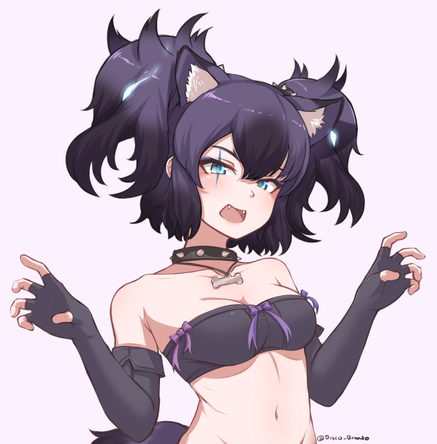 1girl :d animal_ears aqua_eyes bangs bare_shoulders black_gloves black_hair bow breasts cerberus_(kemono_friends) cleavage collar collarbone commentary disco_brando dog_ears dog_girl dog_tail elbow_gloves english_commentary eyeliner fangs fingerless_gloves gloves gradient gradient_background hair_between_eyes hair_ornament highres jewelry kemono_friends lipstick looking_at_viewer makeup medium_breasts navel necklace open_mouth pink_background pink_lips purple_bow scar scar_across_eye short_hair smile solo spiked_collar spikes stomach strapless tail tubetop twintails twitter_username two_side_up upper_body