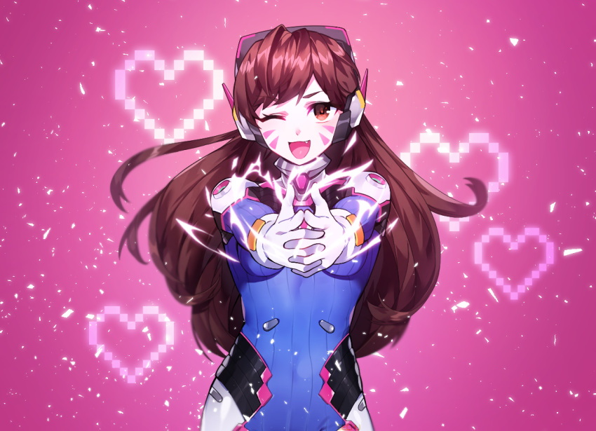 1girl ;d animal_print bangs bechu blue_bodysuit blush bodysuit bracer breasts brown_eyes brown_hair bunny_print commentary_request d.va_(overwatch) eyebrows_visible_through_hair eyelashes facepaint facial_mark fang headphones heart heart_hands high_collar long_hair looking_at_viewer moe_moe_kyun! one_eye_closed open_mouth overwatch pauldrons pilot_suit ribbed_bodysuit shoulder_pads skin_tight smile solo swept_bangs turtleneck upper_body whisker_markings