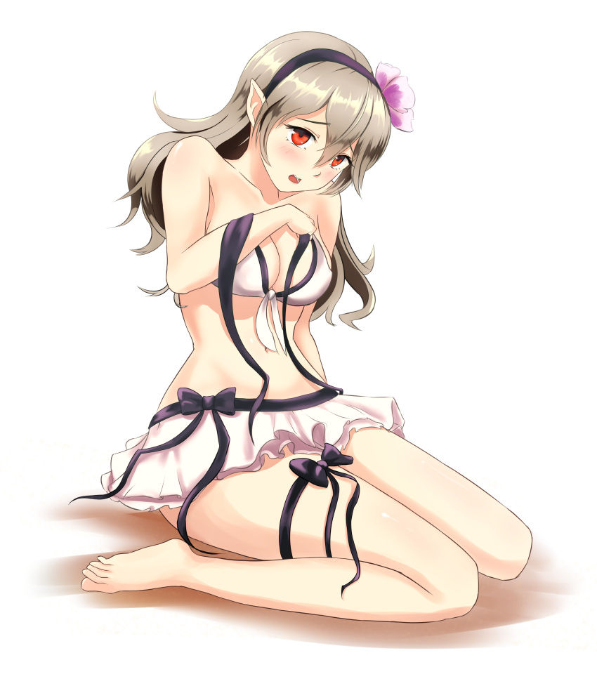 1girl absurdres armor bikini black_ribbon blush breasts cleavage collarbone covering embarrassed female_my_unit_(fire_emblem_if) fire_emblem fire_emblem_heroes fire_emblem_if flower frilled_skirt frills hair_flower hair_ornament hairband highres kaleido_mochi long_hair medium_breasts my_unit_(fire_emblem_if) navel nintendo open_mouth pointy_ears red_eyes ribbon sitting skirt solo swimsuit thigh_ribbon untied untied_bikini wardrobe_malfunction wariza white_hair
