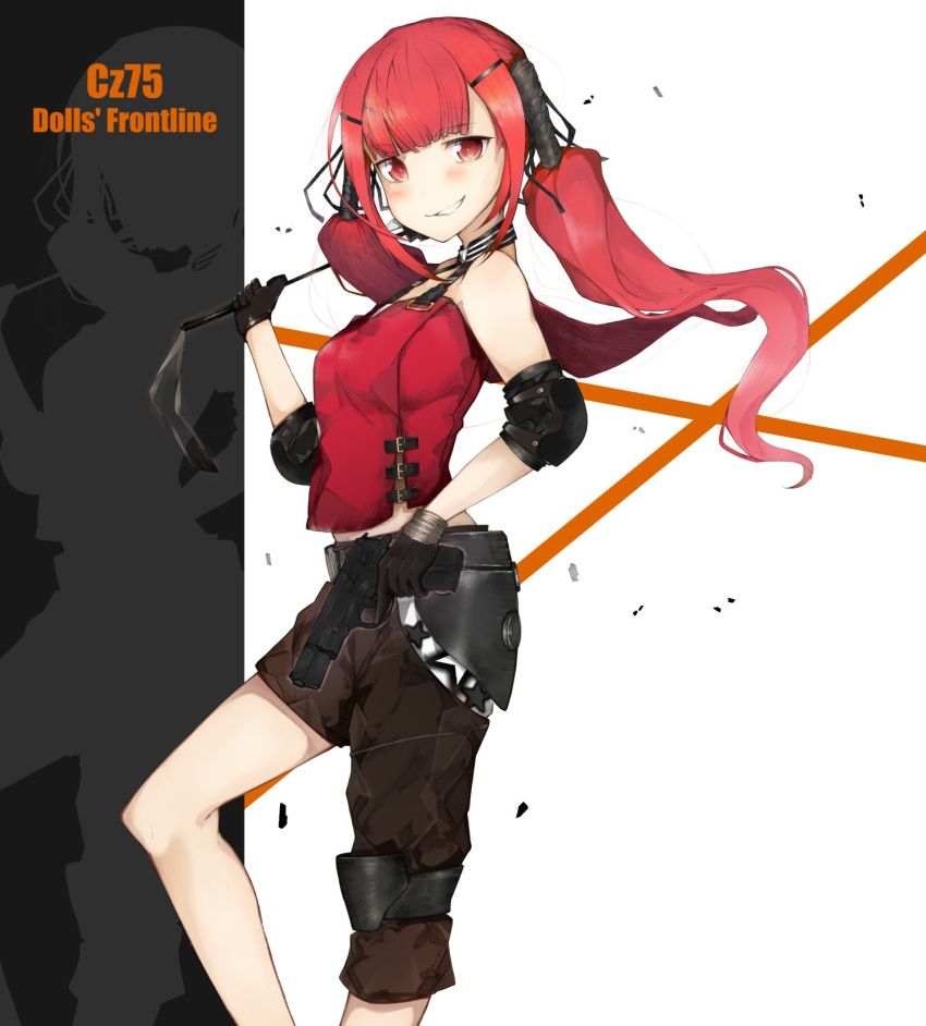 1girl asymmetrical_clothes bangs black_gloves blush breasts character_name commentary_request cz-75 cz-75_(girls_frontline) ekuesu eyebrows_visible_through_hair fingerless_gloves girls_frontline gloves gun hair_ornament hairclip handgun highres holding long_hair looking_at_viewer pistol red_eyes redhead sleeveless solo twintails very_long_hair weapon whip