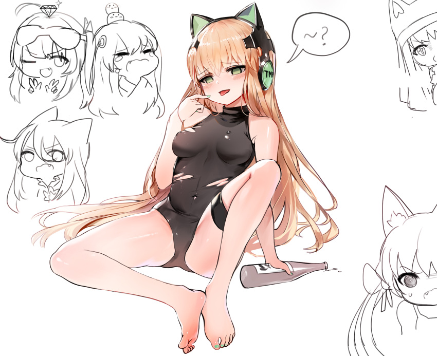 +_+ 6+girls ;d animal_ears bangs bare_arms bare_legs bare_shoulders barefoot black_leotard blush bottle bow breasts cat_ear_headphones cat_ears character_name character_request closed_eyes commentary_request dokomon double_v eyebrows_visible_through_hair fang fingernails g41_(girls_frontline) gem girls_frontline glint green_eyes green_nails hair_between_eyes hair_bow hand_up head_tilt headphones highres knee_up korean_commentary leotard light_brown_hair long_hair medium_breasts multiple_girls nail_polish one_eye_closed open_mouth parted_lips simple_background skindentation smile spread_legs thigh_strap tmp_(girls_frontline) tongue tongue_out torn_clothes torn_leotard v v-shaped_eyebrows very_long_hair wavy_mouth white_background