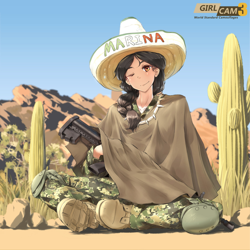 1girl assault_rifle black_hair braid cactus camouflage gun hat highres indian_style knee_pads on_ground one_eye_closed orange_eyes original outdoors poncho rifle sitting solo sombrero tantu_(tc1995) weapon