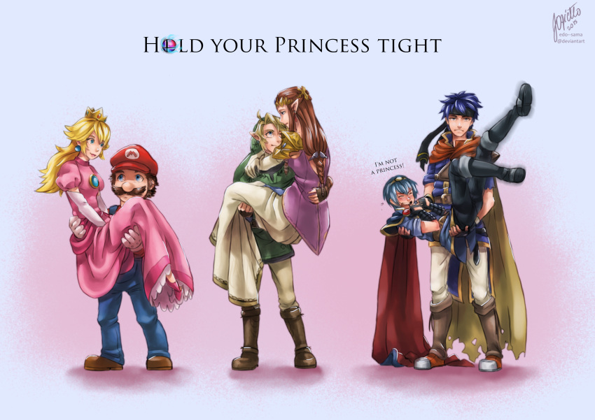 2015 2girls 4boys absurdres black_footwear black_gloves black_headband black_pants blonde_hair blue_overalls blush boots breasts brown_footwear cape carrying closed_eyes couple crown deviantart_username dress earrings edo-sama english_commentary english_text eye_contact facial_hair fingerless_gloves fire_emblem fire_emblem:_mystery_of_the_emblem fire_emblem:_souen_no_kiseki fire_emblem_heroes full_body gloves hat hetero highres ike intelligent_systems jewelry link lips long_dress long_skirt looking_at_another looking_at_viewer mario marth multiple_boys multiple_girls mustache nintendo overalls pants pink_background pink_dress princess_carry princess_peach princess_zelda puffy_short_sleeves puffy_sleeves red_hat shadow shoes short_sleeves signature skirt small_breasts sora_(company) standing super_mario_bros. super_smash_bros. super_smash_bros_brawl super_smash_bros_for_wii_u_and_3ds the_legend_of_zelda tied_hair white_gloves white_pants white_skirt yaoi