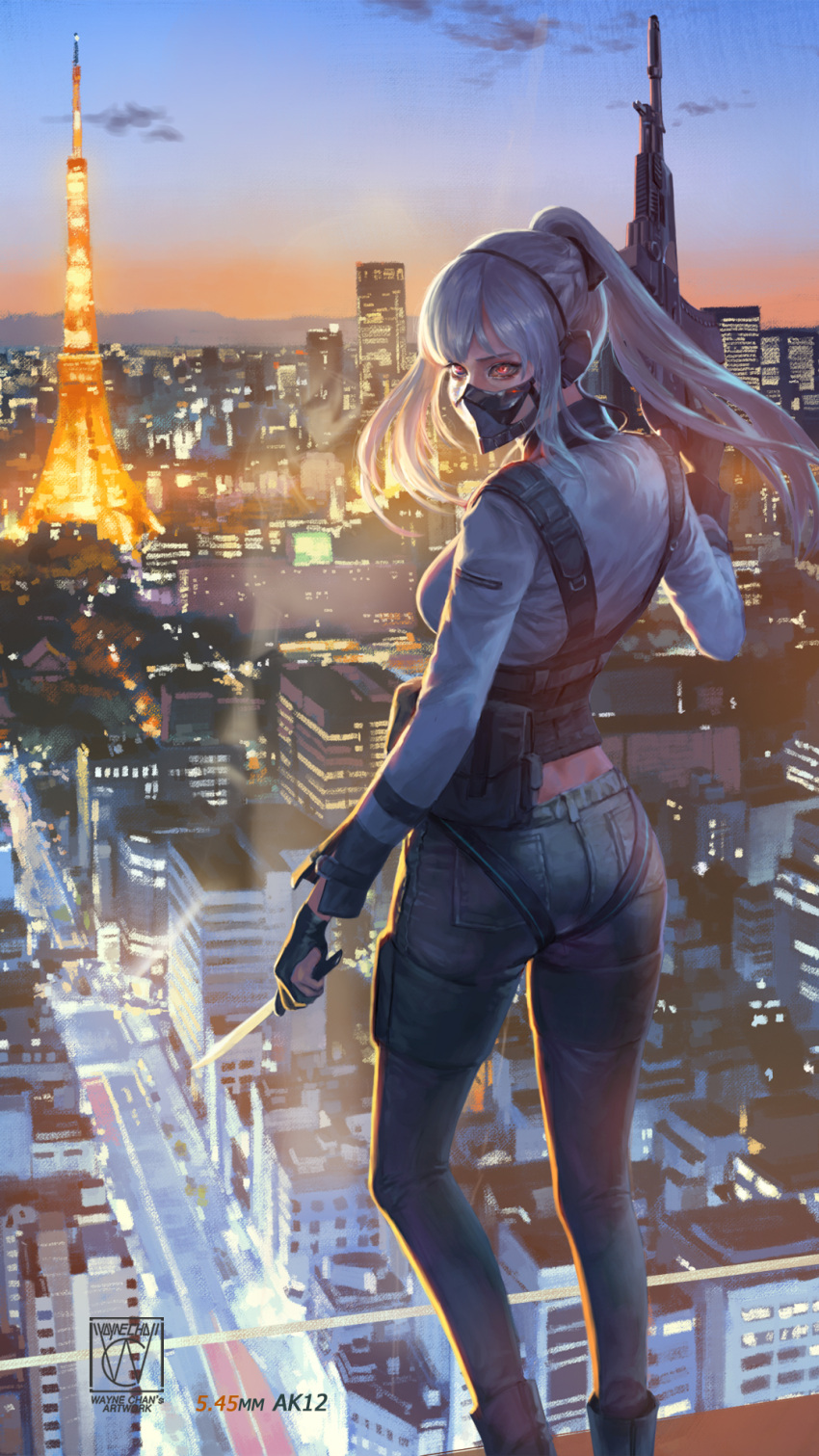 1girl ak-12 ak-12_(girls_frontline) assault_rifle bag bangs black_ribbon braid breasts character_name city city_lights cityscape clouds combat_knife covered_mouth french_braid from_behind gas_mask girls_frontline gloves glowing glowing_eyes gun hair_ribbon headset highres holding holding_gun holding_knife holding_weapon indoors jacket knife load_bearing_vest long_hair long_sleeves looking_at_viewer looking_back night pants partly_fingerless_gloves ponytail red_eyes ribbon rifle scenery sidelocks signature silver_hair solo sunset thigh_strap tokyo_tower very_long_hair wayne_chan weapon