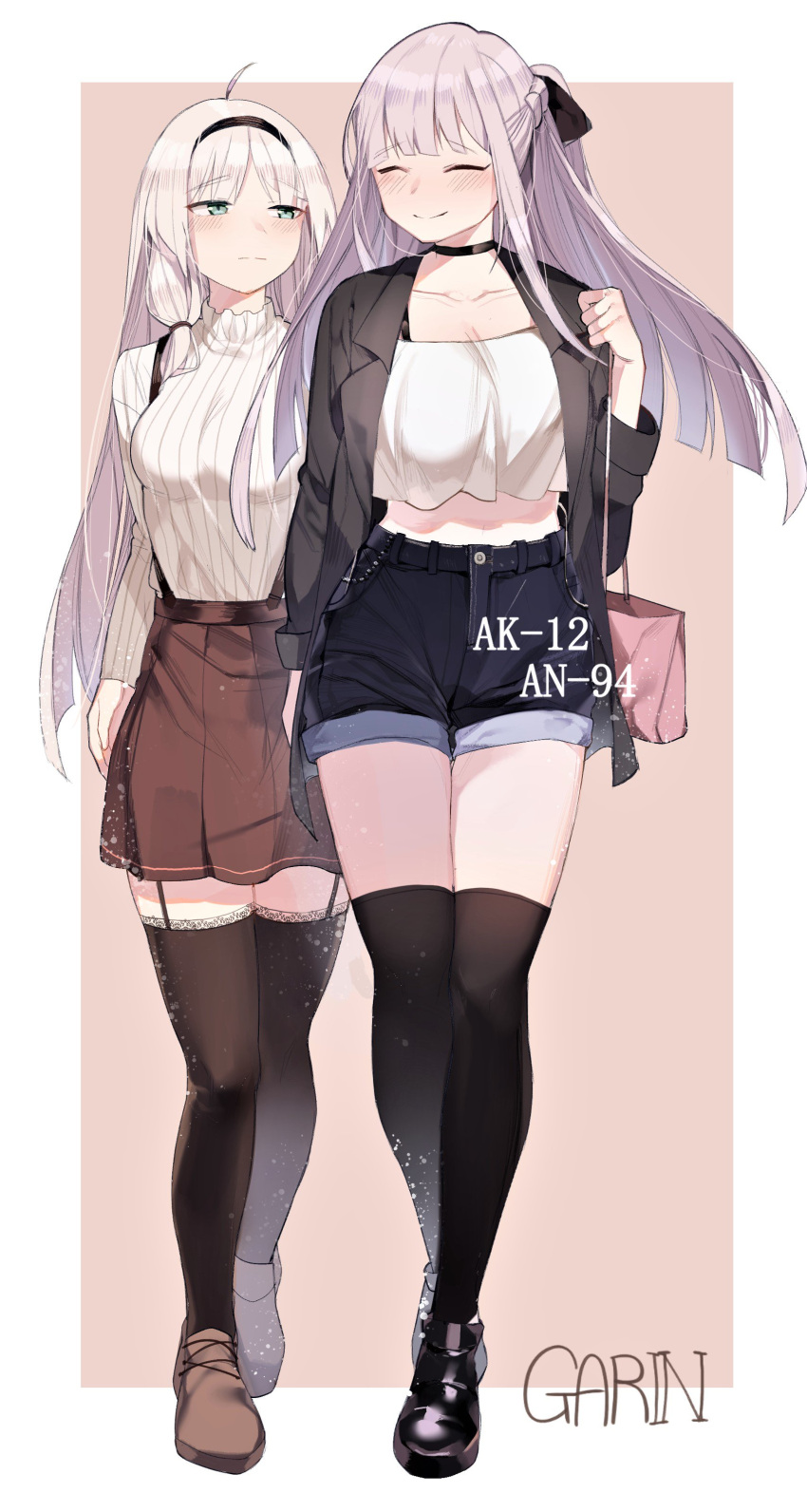 2girls absurdres ahoge ak-12_(girls_frontline) alternate_costume an-94_(girls_frontline) artist_name bangs black_footwear black_legwear choker closed_eyes collarbone eyebrows_visible_through_hair garin garter_straps girls_frontline green_eyes highres long_hair long_sleeves looking_at_another multiple_girls shorts silver_hair skirt sweater thigh-highs