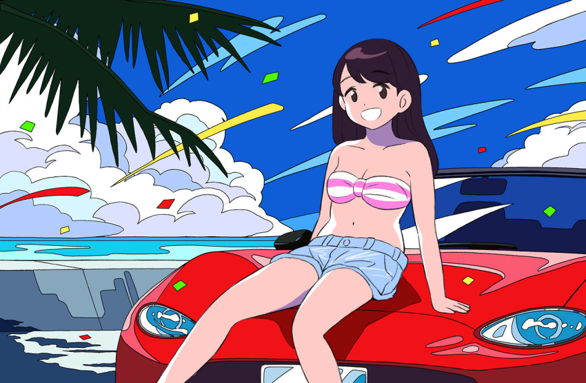 1girl 49s-aragon bandeau bangs bare_shoulders black_eyes black_hair blue_shorts blue_sky car clouds cloudy_sky confetti feet_out_of_frame ground_vehicle long_hair looking_at_viewer midriff motor_vehicle navel open_mouth original shorts sitting sky smile solo striped_bandeau tree