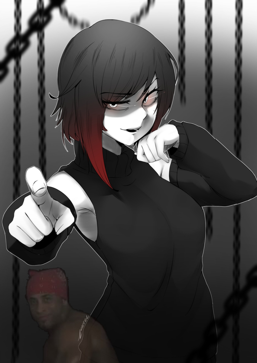 1girl absurdres arm_up black_hair breasts chains evil_grin evil_smile eyebrows_visible_through_hair eyes_visible_through_hair gesugao glowing glowing_eyes gradient_hair grey_background grey_eyes greyscale grin highres medium_breasts monochrome multicolored_hair nas_(z666ful) redhead ruby_rose rwby short_hair smile sweater tagme two-tone_hair yandere