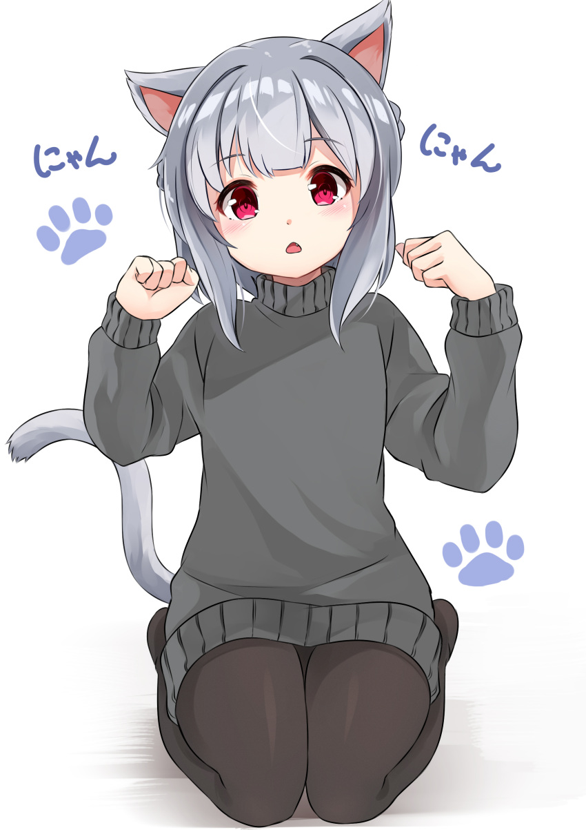 1girl absurdres animal_ears bangs blush brown_legwear cat_ears cat_girl cat_tail commentary_request eyebrows_visible_through_hair fang full_body grey_hair grey_sweater hands_up head_tilt highres long_sleeves looking_at_viewer open_mouth original pantyhose paw_pose red_eyes seiza shadow sidelocks sitting solo sora_(silent_square) sweater tail tail_raised translated white_background