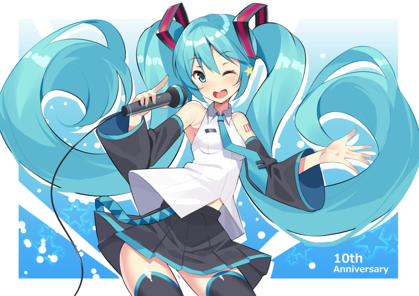 1girl ;d anniversary arms_at_sides bare_shoulders black_skirt blue_background blue_eyes blue_hair blue_nails blue_neckwear breasts cowboy_shot detached_sleeves eyebrows_visible_through_hair fingernails gradient gradient_background hatsune_miku holding holding_microphone kurogoma_(haruhi3) long_hair medium_breasts microphone nail_polish necktie one_eye_closed open_mouth shirt shoulder_tattoo simple_background skirt sleeveless sleeveless_shirt smile solo star starry_background tattoo text_focus thigh-highs thighs twintails upper_body upper_teeth very_long_hair vocaloid white_background white_shirt