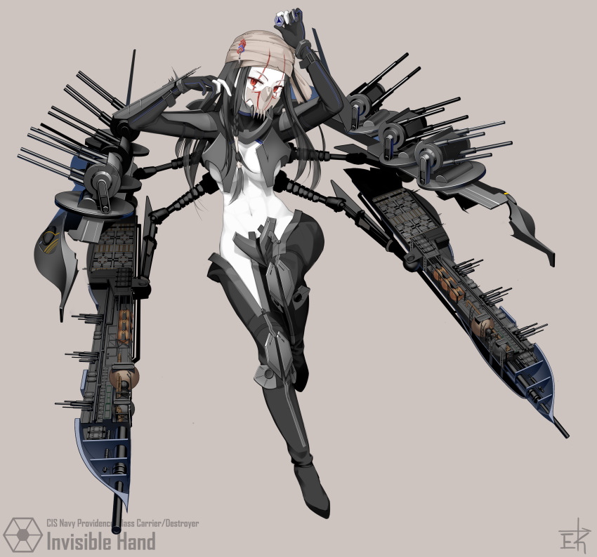 1girl absurdres artist_name bandage black_hair braid center_opening character_name coin fingerless_gloves full_body gloves grey_background gun highres invisible_hand long_hair mask mecha_musume midriff navel pale_skin personification red_eyes rifle solo star_wars thigh-highs vectorek weapon