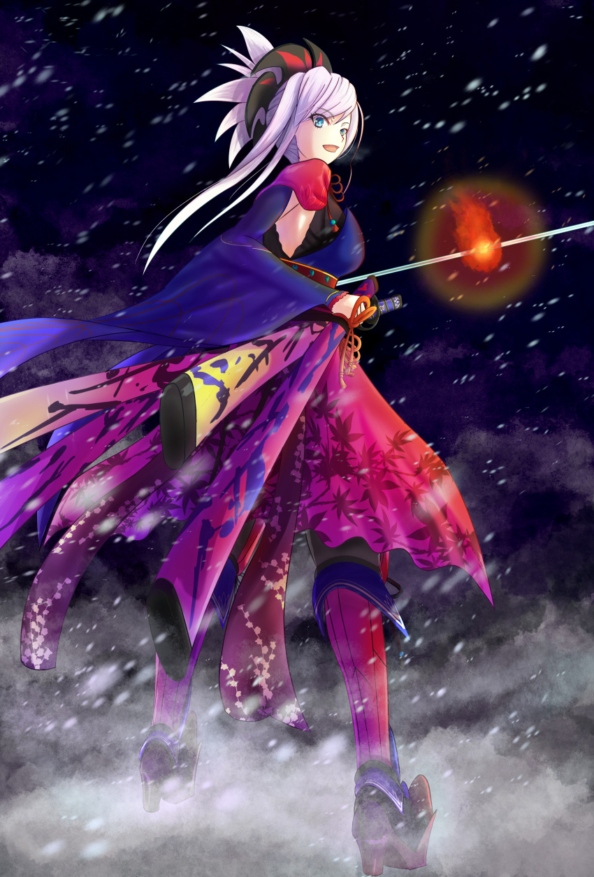 1girl absurdres asymmetrical_hair black_legwear blue_eyes blue_kimono breasts detached_sleeves earrings fate/grand_order fate_(series) hair_ornament highres holding holding_sword holding_weapon huge_filesize japanese_clothes jewelry katana kimono large_breasts leaf_print looking_at_viewer looking_back magatama maple_leaf_print miyamoto_musashi_(fate/grand_order) obi open_mouth outdoors pink_hair ponytail sash sheath sheathed short_kimono sleeveless sleeveless_kimono snow snowing solo sword thigh-highs unsheathed urato_hotaru weapon wide_sleeves winter