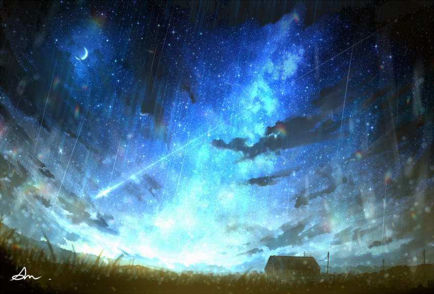 alu.m_(alpcmas) barn clouds crescent_moon dark field fisheye grass hill moon night night_sky no_humans original outdoors power_lines rain rural scenery shooting_star signature sky star_(sky) starry_sky telephone_pole