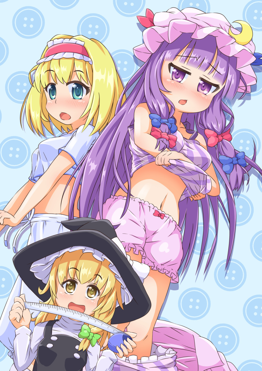 3girls alice_margatroid aqua_eyes bangs bare_shoulders black_vest blonde_hair blue_background blue_bow blue_ribbon blunt_bangs blush bow braid breasts changing_clothes commentary_request crescent crescent_moon_pin crop_top dress_bow embarrassed eyebrows_visible_through_hair frilled_hairband frilled_hat frills green_bow hair_bow hairband hat hat_ribbon highres kirisame_marisa long_hair long_sleeves medium_breasts midriff mob_cap multiple_girls navel open_mouth pants patchouli_knowledge patterned_background pink_shorts purple_hair raised_eyebrows red_bow red_hairband red_ribbon ribbon shirt short_hair short_sleeves shorts small_breasts smile sweatpants t-shirt tank_top tape_measure touhou very_long_hair vest violet_eyes white_bow white_pants white_shirt witch_hat woshi yellow_eyes