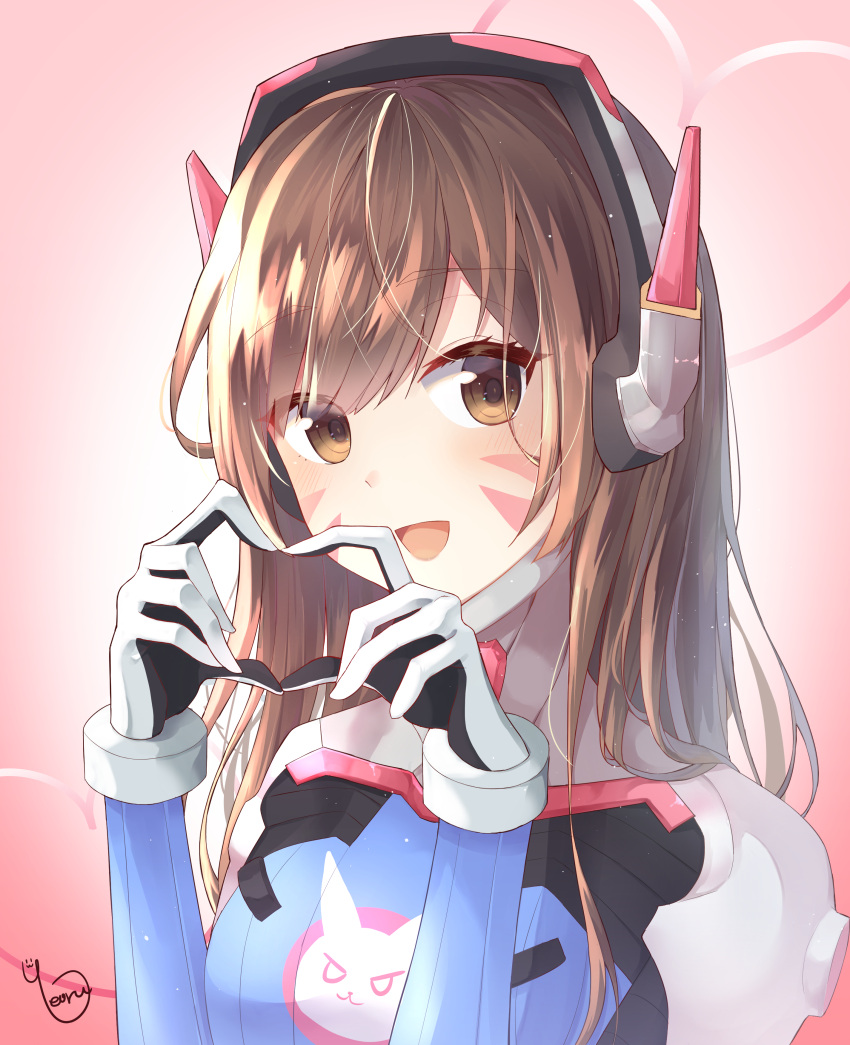 1girl :d absurdres animal_print artist_name bangs blue_bodysuit blush bodysuit bracer breasts brown_eyes brown_hair bunny_print d.va_(overwatch) eyebrows_visible_through_hair eyelashes facepaint facial_mark headphones heart heart_hands high_collar highres lips long_hair looking_at_viewer open_mouth overwatch pauldrons pilot_suit ribbed_bodysuit shoulder_pads signature skin_tight smile solo swept_bangs turtleneck upper_body whisker_markings yeoru