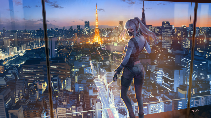 1girl ak-12 ak-12_(girls_frontline) assault_rifle bag bangs black_ribbon braid breasts city city_lights cityscape clouds combat_knife covered_mouth french_braid from_behind gas_mask girls_frontline gloves glowing glowing_eyes gun hair_ribbon headset highres holding holding_gun holding_knife holding_weapon indoors jacket knife load_bearing_vest long_hair long_sleeves looking_at_viewer looking_back night pants partly_fingerless_gloves ponytail red_eyes ribbon rifle scenery sidelocks signature silver_hair solo sunset thigh_strap tokyo_tower very_long_hair wayne_chan weapon