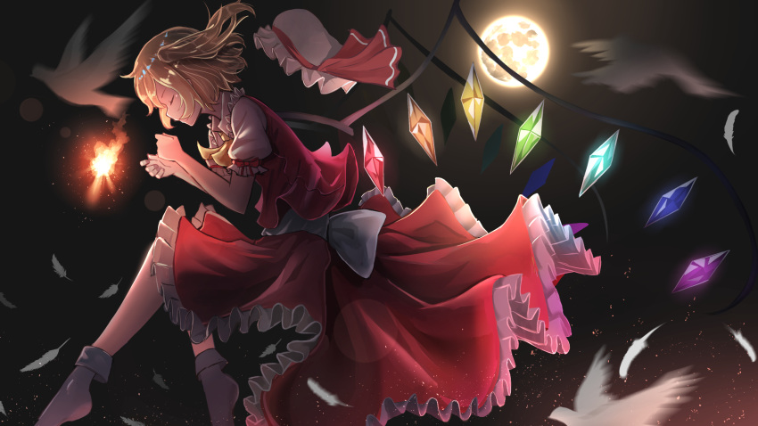 1girl bird blonde_hair closed_eyes dove dress feathers fetal_position flandre_scarlet frilled_dress frills full_moon highres moon pasoputi ribbon sky star_(sky) starry_sky the_embodiment_of_scarlet_devil touhou yellow_ribbon