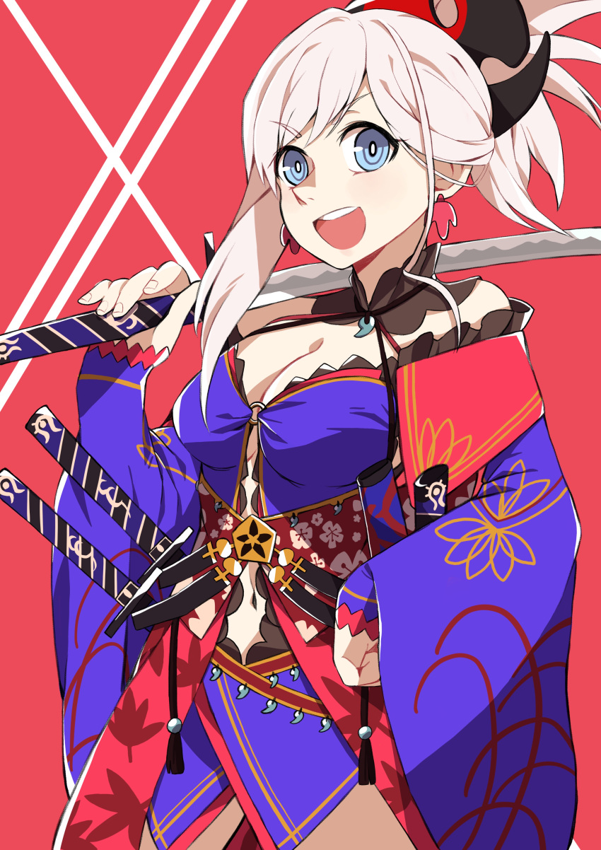 1girl :d absurdres asymmetrical_hair autumn_leaves blue_eyes breasts bright_pupils cleavage cowboy_shot earrings eyebrows_visible_through_hair fate/grand_order fate_(series) fingernails floral_print halterneck hand_on_hip highres holding holding_sword holding_weapon jewelry kamekiti katana leaf_print legs_apart long_hair long_sleeves magatama medium_breasts miyamoto_musashi_(fate/grand_order) navel open_mouth over_shoulder ponytail sheath sleeves_past_wrists smile solo sword teeth weapon weapon_over_shoulder white_hair white_pupils wide_sleeves