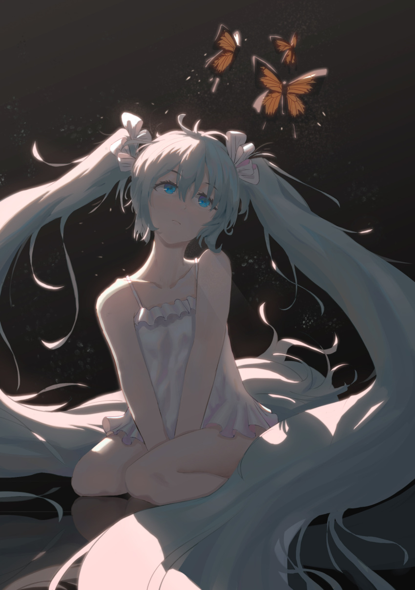 1girl absurdres alternate_costume bare_arms bare_legs bare_shoulders between_legs black_background blue_eyes blue_hair bug butterfly dress expressionless eyebrows_visible_through_hair floating_hair frilled_dress frills hand_between_legs hatsune_miku highres insect long_hair looking_up reflection rere_kyouko_(13179497) ribbon ribbon_hair seiza short_dress simple_background sitting sleeveless sleeveless_dress solo twintails very_long_hair vocaloid white_dress white_ribbon