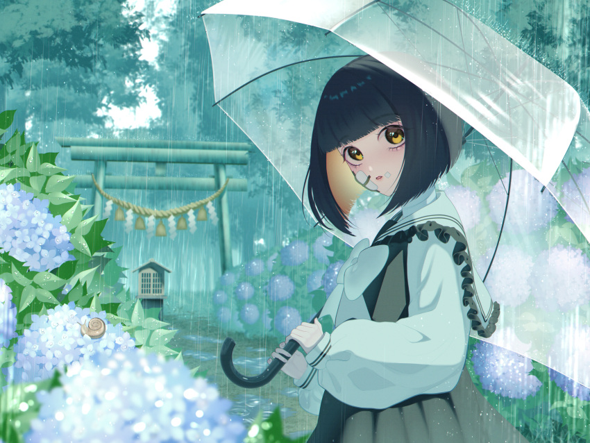 1girl black_hair blonde_hair bow colored_inner_hair commentary_request dress expressionless flower frilled_sailor_collar frills gauze highres holding holding_umbrella hydrangea large_bow long_sleeves looking_at_viewer motida_egg multicolored_hair nature original outdoors parted_lips rain sailor_collar sailor_dress scenery short_hair snail torii transparent transparent_umbrella two-tone_hair umbrella upper_body yellow_eyes
