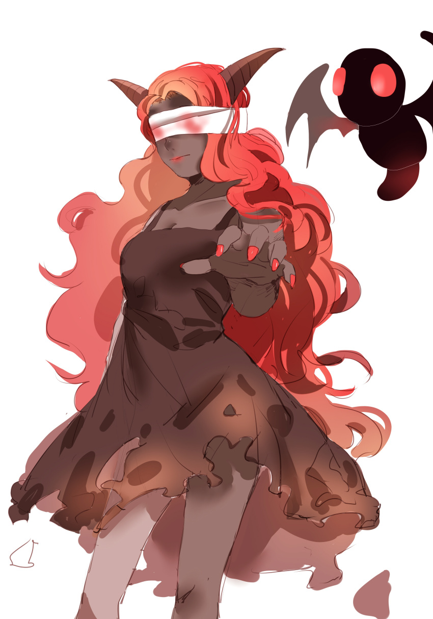1girl absurdres bandage black_dress blindfold blood breasts demon_horns dress foreshortening grey_skin highres horns lilith_(the_binding_of_isaac) lipstick long_hair makeup medium_breasts nail_polish red_nails redhead simple_background sketch the_binding_of_isaac white_background