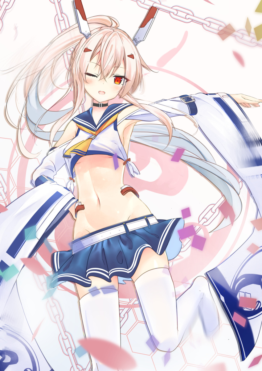1girl ;d absurdres ascot ayanami_(azur_lane) azur_lane bangs bare_shoulders belt belt_buckle blue_belt blue_sailor_collar blue_skirt blush breasts brown_background buckle chains chromatic_aberration commentary_request crop_top detached_sleeves eyebrows_visible_through_hair groin hair_between_eyes hair_ornament hairclip headgear high_ponytail highres light_brown_hair long_hair long_sleeves midriff motion_blur navel no_shoes odeclea one_eye_closed open_mouth outstretched_arm pleated_skirt ponytail red_eyes remodel_(azur_lane) sailor_collar shirt skirt sleeveless sleeveless_shirt small_breasts smile solo standing standing_on_one_leg thigh-highs very_long_hair white_belt white_legwear white_shirt wide_sleeves yellow_neckwear