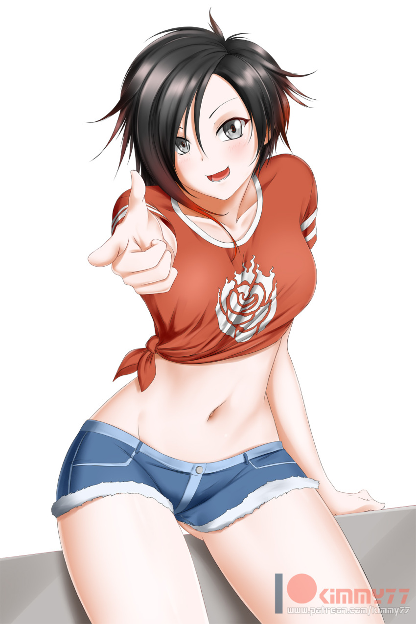 1girl alfred_cullado artist_name black_hair blush breasts cutoffs gluteal_fold grey_eyes groin hair_over_one_eye highres medium_breasts midriff multicolored_hair navel patreon_logo patreon_username pointing pointing_at_viewer redhead ruby_rose rwby short_hair smile solo thighs watermark web_address white_background