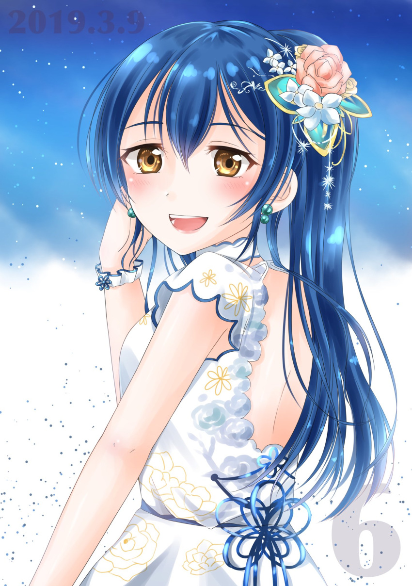 1girl backless_dress backless_outfit bangs blue_hair blush choker commentary_request dated dress earrings eyebrows_visible_through_hair flower from_behind hair_between_eyes hair_flower hair_ornament hand_up highres jewelry long_hair looking_at_viewer looking_back love_live! love_live!_school_idol_festival love_live!_school_idol_project open_mouth ponytail rin5325 short_sleeves smile solo sonoda_umi upper_body white_dress yellow_eyes