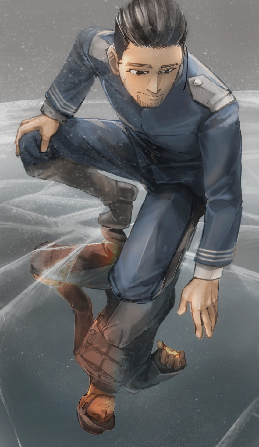 1boy black_eyes black_footwear black_hair blue_pants cracked different_reflection facial_hair facial_scar golden_kamuy grey_pants grey_sky hair_slicked_back hat highres ice long_sleeves looking_down military military_uniform ogata_hyakunosuke one_knee outdoors pants reflection scar smile snowing stubble uniform zero_(djtd3285)