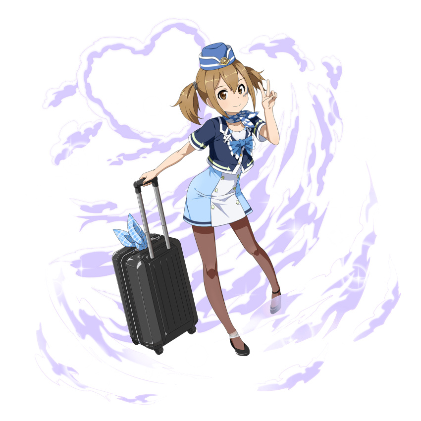 1girl augma blue_hat brown_eyes brown_hair brown_legwear full_body hair_between_eyes hat highres kerchief looking_at_viewer luggage miniskirt official_art pantyhose pencil_skirt shiny shiny_hair short_hair short_sleeves silica skirt smile solo sparkle standing sword_art_online transparent_background twintails v