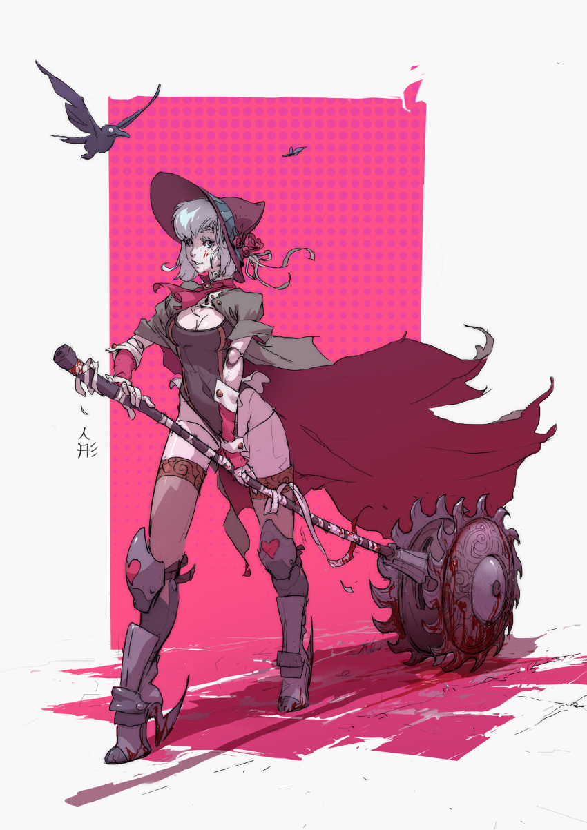 1girl absurdres ankle_blade black_leotard blood blood_on_face bloodborne bloody_weapon bonnet breasts cleavage cravat doll_joints flower full_body hat hat_flower heart high_heels highres holding holding_weapon huge_weapon knee_pads leotard long_coat long_legs looking_at_viewer medium_breasts mike_jordana pink_eyes plain_doll polearm short_hair silver_hair solo thigh-highs weapon wrist_cuffs