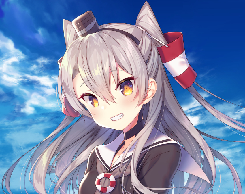 1girl amatsukaze_(kantai_collection) blue_sky brown_dress brown_eyes clouds collarbone day dress grey_neckwear grin hair_tubes hat highres kantai_collection lifebuoy long_hair looking_at_viewer mini_hat neckerchief sailor_collar sailor_dress silver_hair sky smile solo tahya tilted_headwear two_side_up upper_body white_sailor_collar windsock