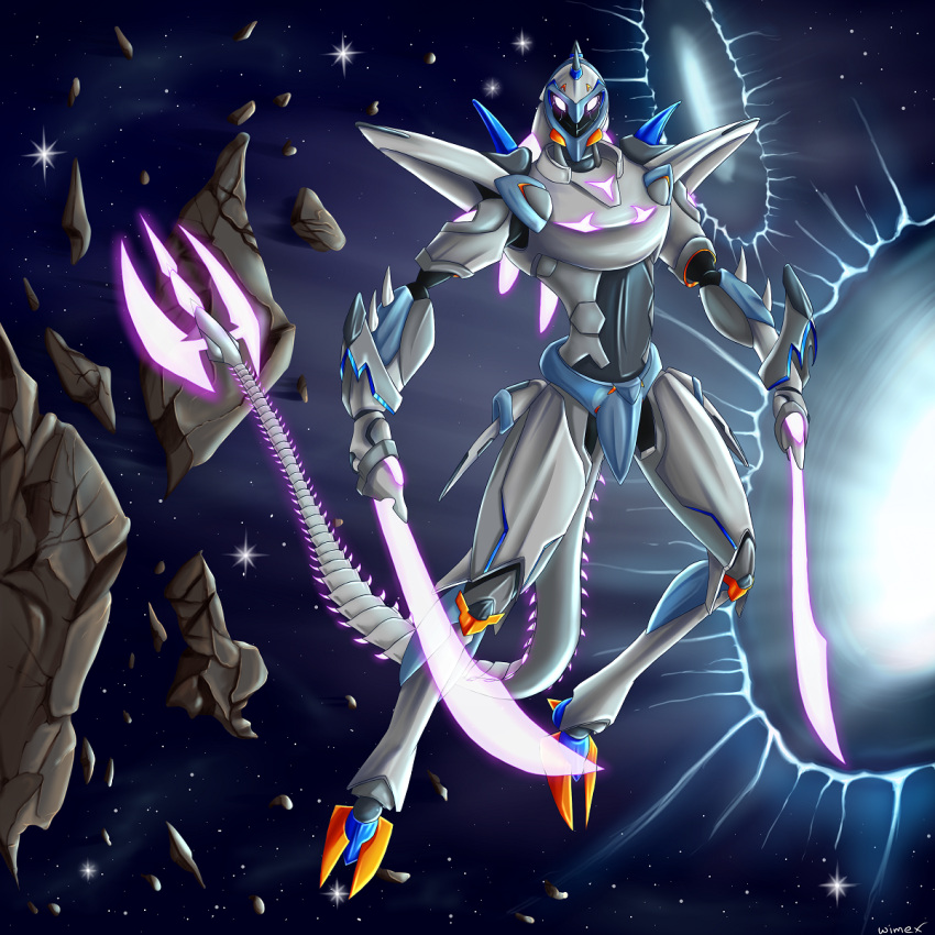 dual_wielding energy_sword glowing glowing_eyes highres holding holding_sword holding_weapon lady-yuna7 looking_at_viewer mecha no_humans no_pupils portal_(object) sincline_(mecha) space star sword tagme tail violet_eyes voltron:_legendary_defender weapon
