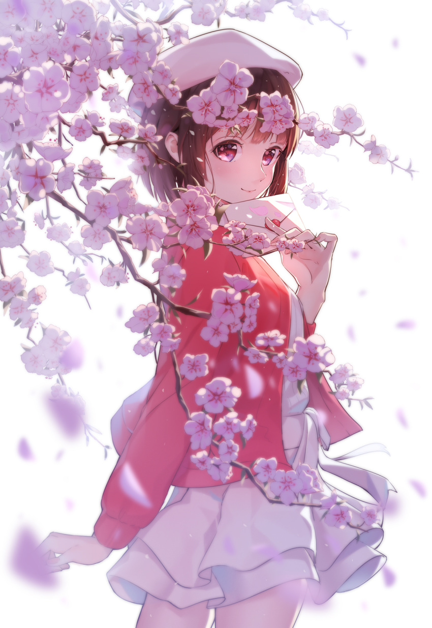 1girl bloom branch brown_hair dress duoyu_zhuan_qing flower hat highres jacket katou_megumi letter long_sleeves looking_at_viewer love_letter open_clothes open_jacket peach_blossom petals red_eyes red_jacket saenai_heroine_no_sodatekata sash short_dress short_hair simple_background smile solo white_background white_dress white_hat wind